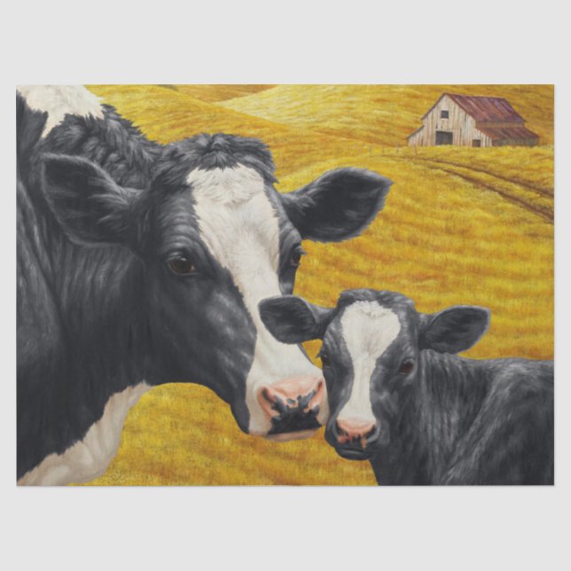 Holstein Kühe und alter Holzstall Seidenpapier (Vorderseite)