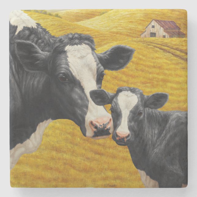 Holstein Kühe und alter Holzstall Steinuntersetzer (Vorderseite)