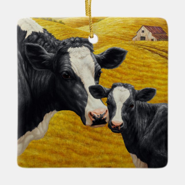 Holsteinkühe und alte Holzstämme Keramikornament (Vorderseite)