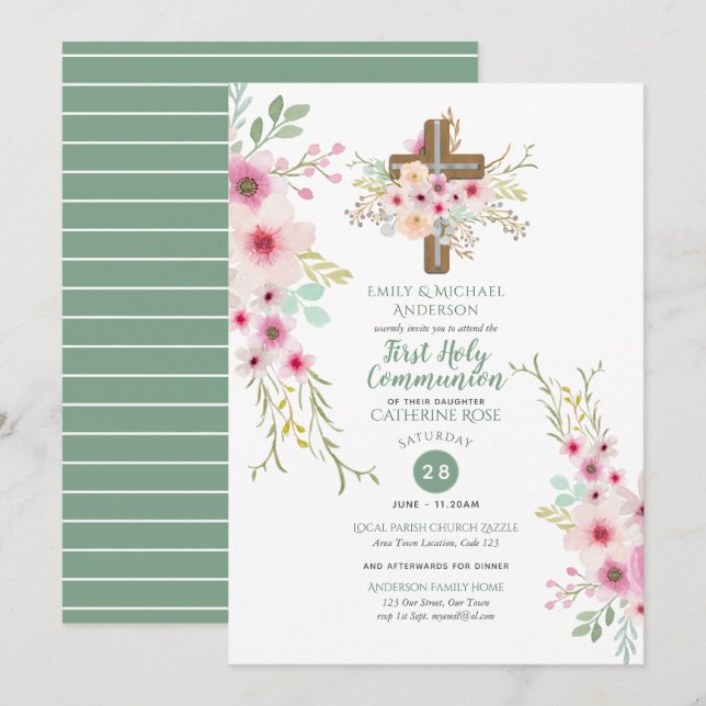 HOLY Communion Einladungen Blumenkreuz Pink Sage (Vorne/Hinten)