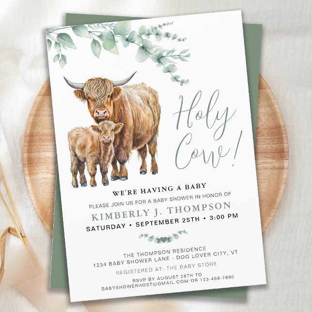 Holy Cow Boho Greenerity Highland Cow Baby Shower Einladung (Von Creator hochgeladen)