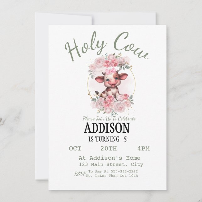 Holy Cow Girl 5th Birthday Invitation (Devant)