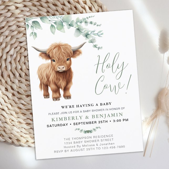 Holy Cow Greenery Highland Cow Couples Kinderdusch Einladungspostkarte (Von Creator hochgeladen)