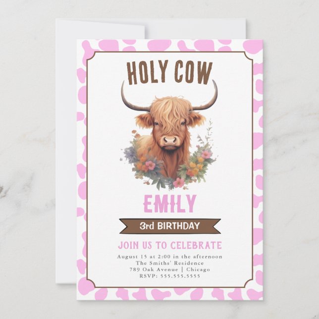 Holy Cow Highland Cow Girl Invitation d'anniversai (Devant)