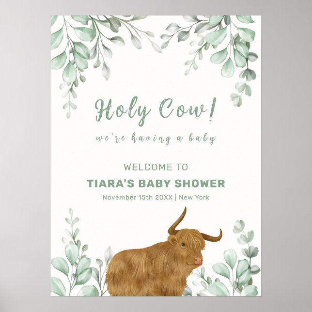 Holy Cow Rustic Boho Greenery Baby Dusche Willkomm Poster (Vorne)