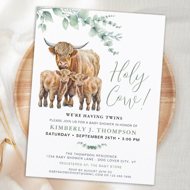 Holy Cow Twins Highland Calf Greenery Baby Dusche Einladungspostkarte (Von Creator hochgeladen)