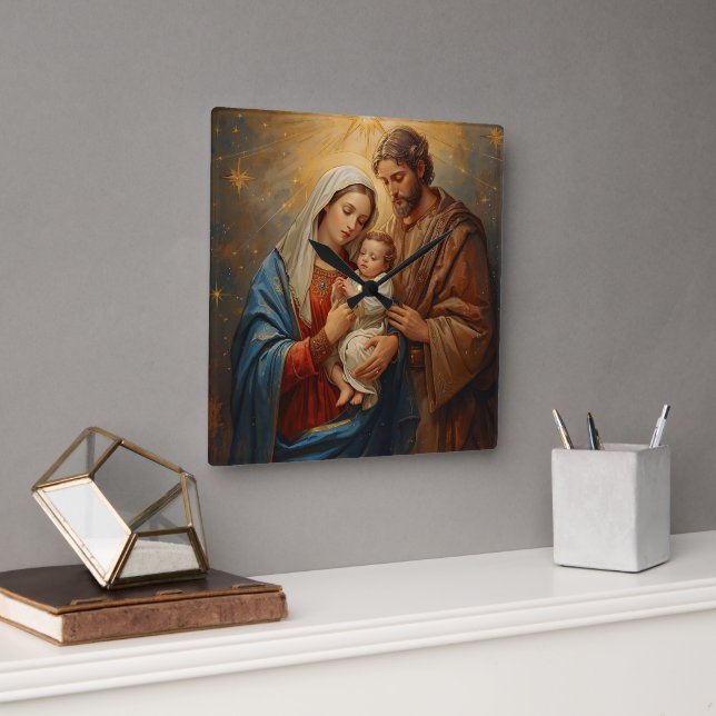 Holy Family Christmas Wall Clock For Peaceful Holi Quadratische Wanduhr (Büro)