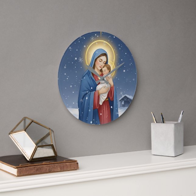 Holy Mother Mary and Baby Jesus Wall Clock Große Wanduhr (Büro)
