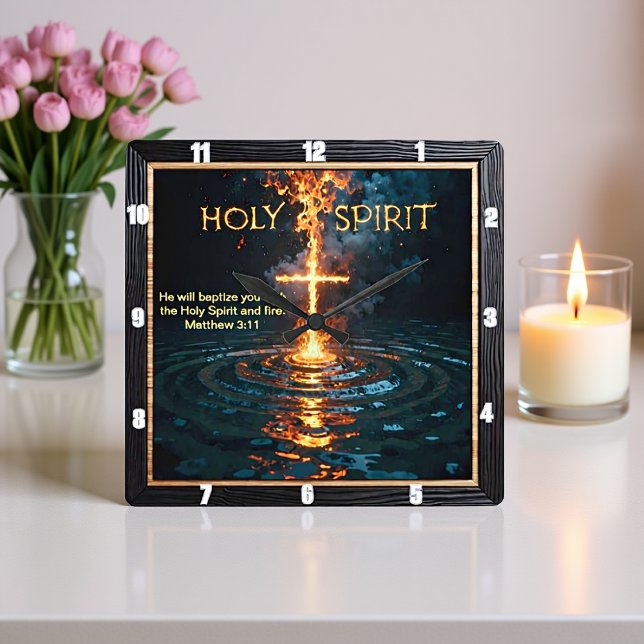 Holy Spirit Fire Cross Water Baptism Matthew 3:11 Quadratische Wanduhr (Von Creator hochgeladen)