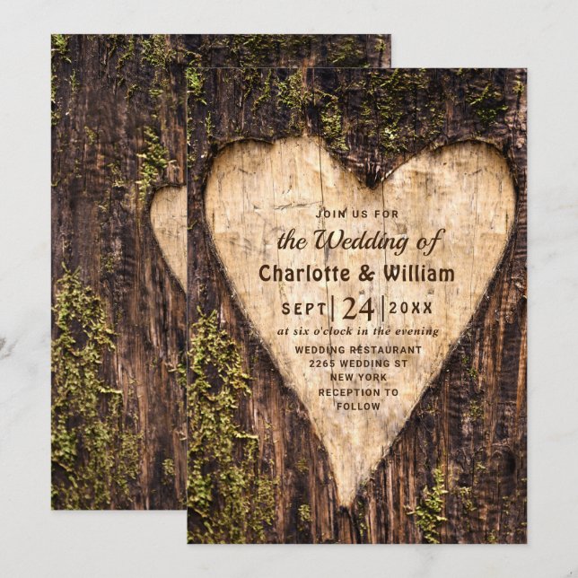 Holz Bark Herz Rustikale Hochzeit Einladung (Vorne/Hinten)