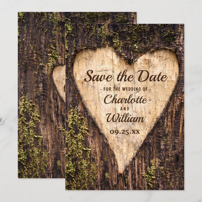 Holz Bark Herz Rustikale Hochzeit Save The Date (Vorne/Hinten)