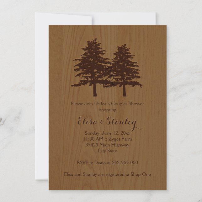 Holz & Bäume Braun Wald Hochzeitspaare Dusche Einladung (Vorderseite)
