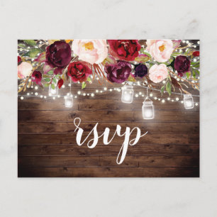Holz-Burgunder-Blumen-Mason-Glas-Lichterkette RSVP Einladungspostkarte