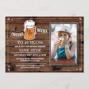 Holz Cheers & Biere Geburtstagsparty Foto einladen Einladung