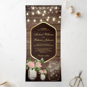 Holz Dusty Rose Mason Jar String Lights Hochzeit Dreifach Gefaltete Einladung