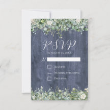 Holz-Eukalyptus-Hochzeit-RSVP-Karte der Navy | Rus