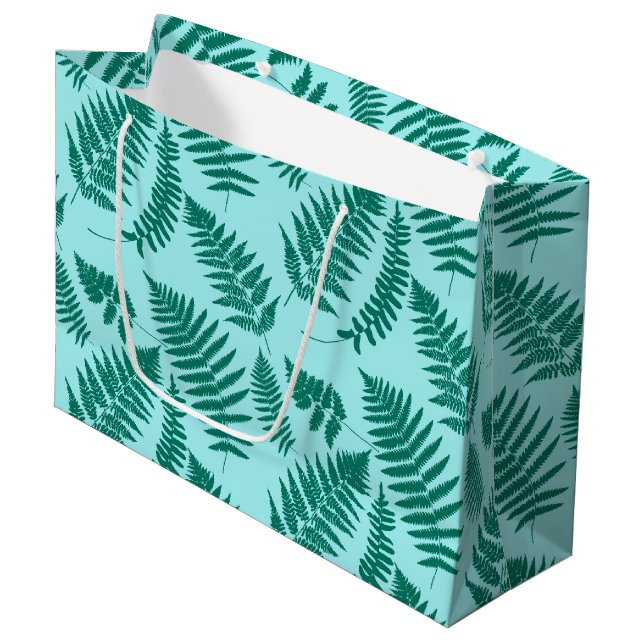 Holz-Fern-Muster, Türkis und Aqua Große Geschenktüte (Vorderseite Schrägansicht)