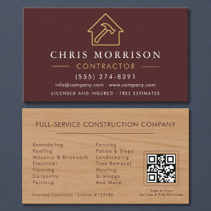 Holz Gebäude Bau Burgund Gold QR Code Visitenkarte