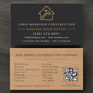 Holz-Handwerker-Bau Schwarz-Gold-QR-Code Visitenkarte