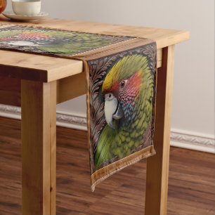 Holz Harmonie: Grünes Lorikeet auf geschnitztem Ho Großer Tischläufer
