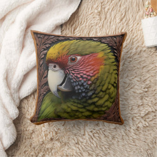 Holz Harmonie: Grünes Lorikeet auf geschnitztem Ho Kissen