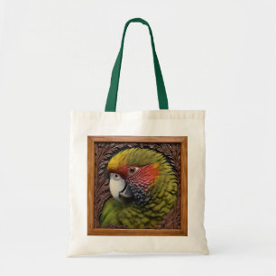 Holz Harmonie: Grünes Lorikeet auf geschnitztem Ho Tragetasche