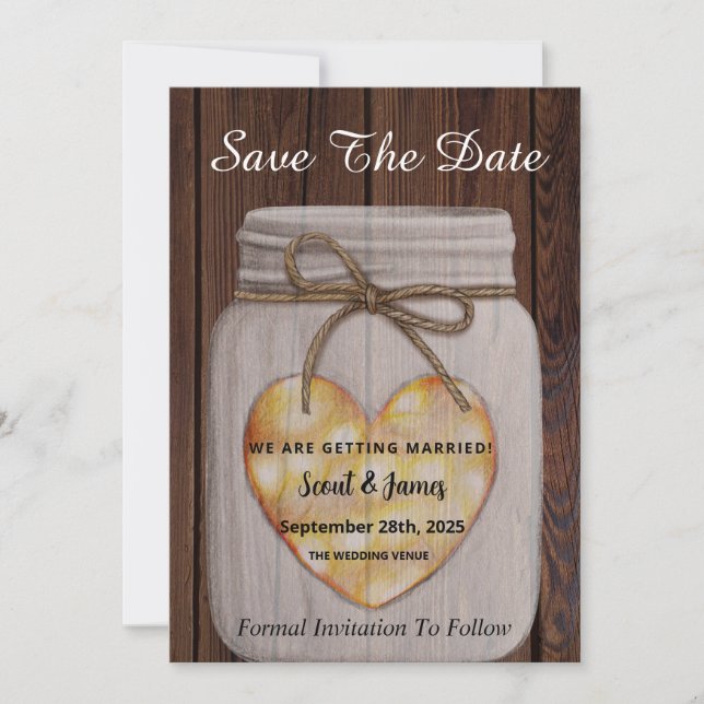 Holz Hintergrund mit Herz Mason Jar Save The Date (Vorderseite)