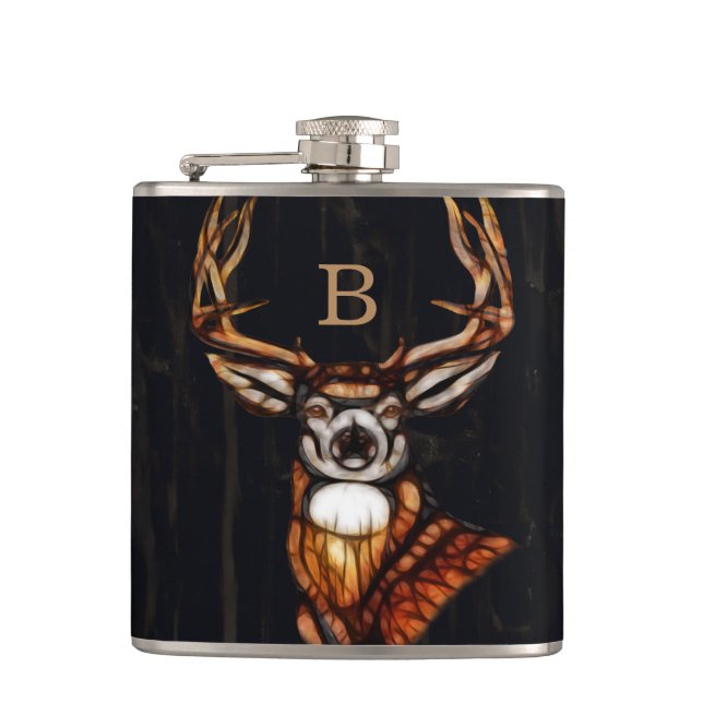 Holz Hirsch Rustikales Land Einzigartiges Monogram Flachmann (Vorderseite)