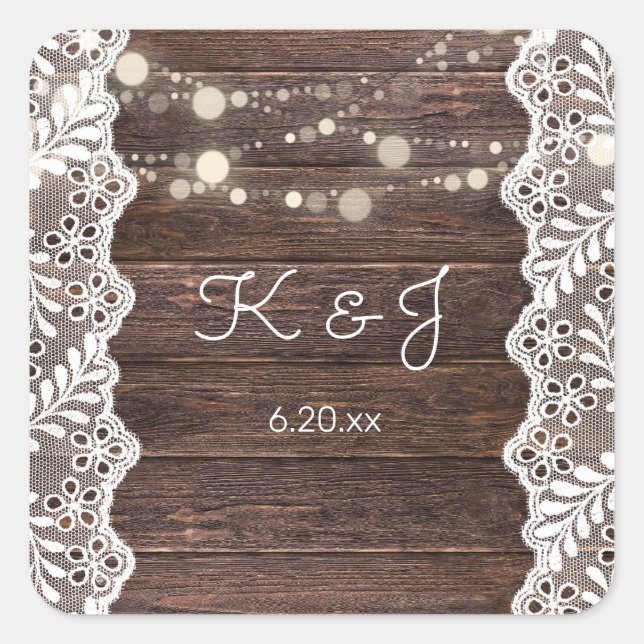 Holz Jean Lace & String Lights Monogram Quadratischer Aufkleber (Vorderseite)