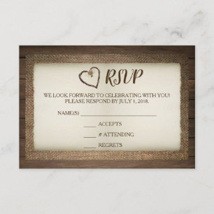 Holz-, Jute- und Schnur-Herz-Hochzeits-RSVP-Karte Einladung