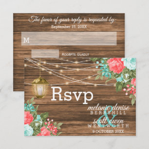 Holz, Laterne und Aquamarin, Korallen-Blume RSVP Karte