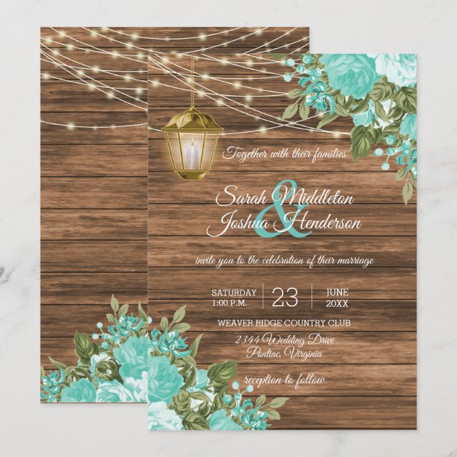 Holz, Laternen und Aquamarine Blume Hochzeit Einladung (Vorne/Hinten)