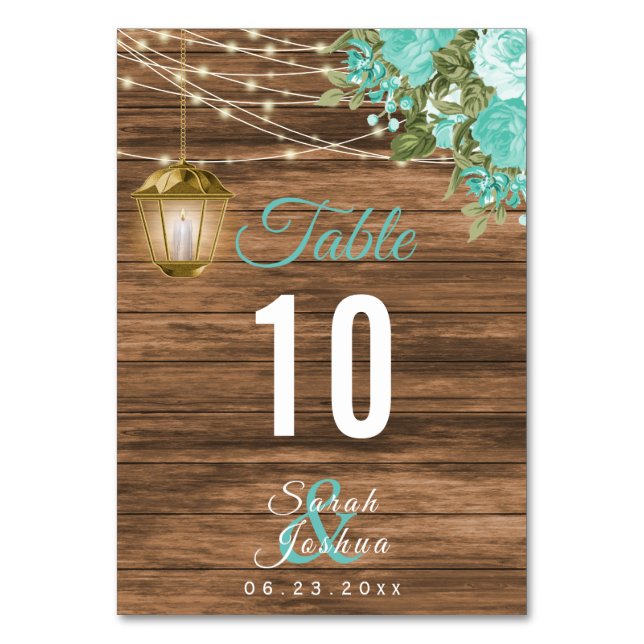 Holz, Laternen und Aquamarine Blume | Tabellenkart Tischnummer (Rückseite)