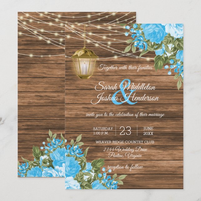 Holz, Laternen und Baby Blue Blume Wedding Einladung (Vorne/Hinten)