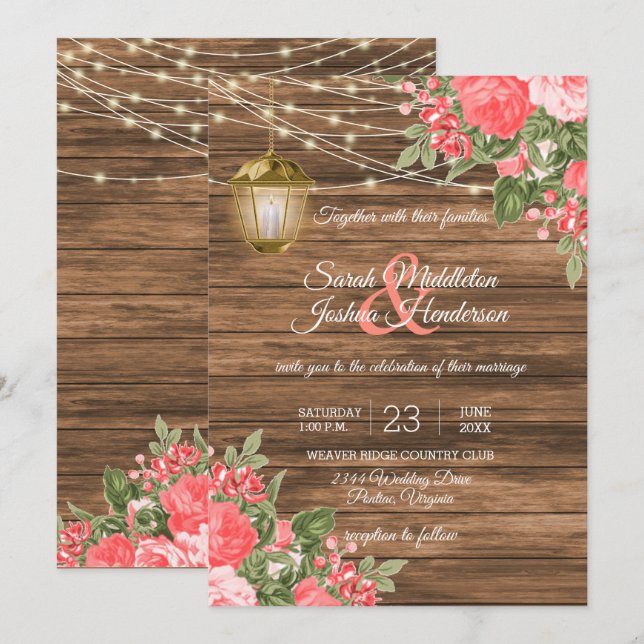 Holz-, Laternen- und Korallenhochzeit - Blume Einladung (Vorne/Hinten)
