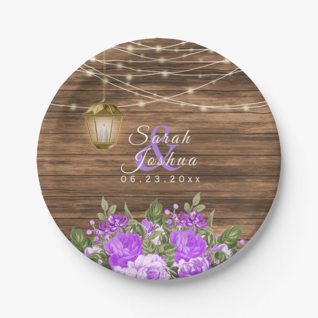 Holz, Laternen und Lila Blume Pappteller (Vorderseite)