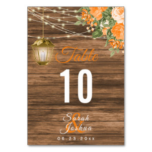 Holz, Laternen und orange Blume   Tabellenkarten Tischnummer
