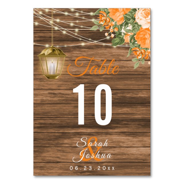 Holz, Laternen und orange Blume | Tabellenkarten Tischnummer (Vorderseite)