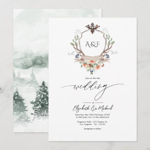 Holz Laurel Wappen Monogram QR Code Hochzeit Einladung