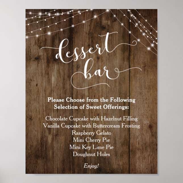 Holz & Lights Dessert Bar Wedding Empfang Zeichen Poster (Vorne)