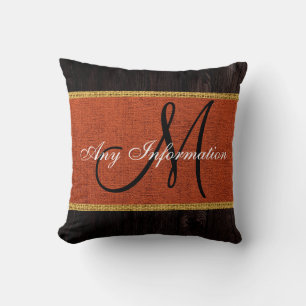 Holz-Look Dunkelorange Jute Rustikale Monogramm Kissen