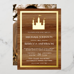 Holz Märchenschloss Foto Hochzeit Gold Folieneinladung