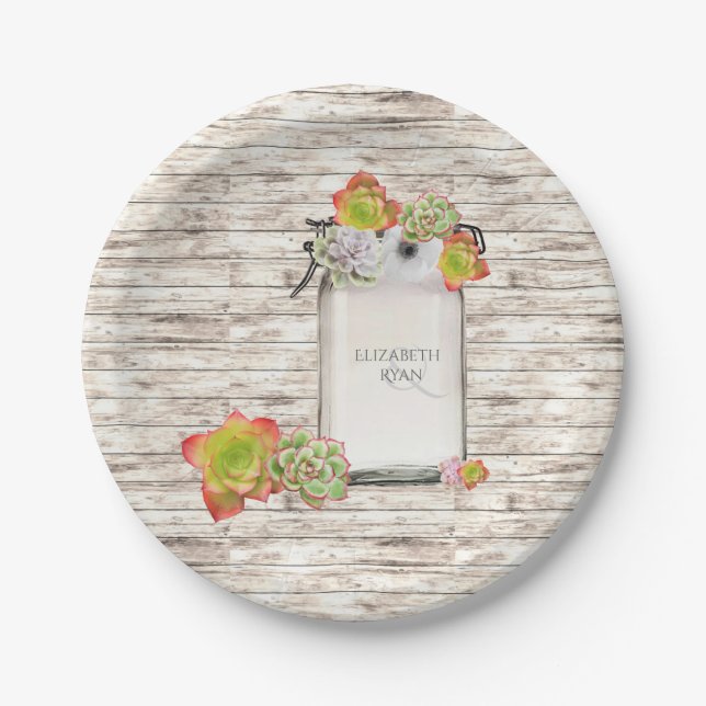 Holz, Mason Jar, Sukkulente, Hochzeit, Gewohnheit, Pappteller (Vorderseite)