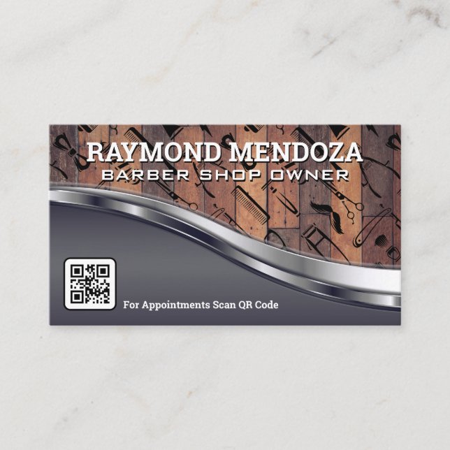 Holz Metallic | QR-Code | Muster des Barber Shop Visitenkarte (Vorderseite)