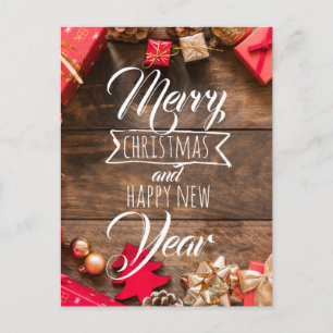 Holz Rustikal Rot Gold Weiß Typografie Weihnachten Postkarte