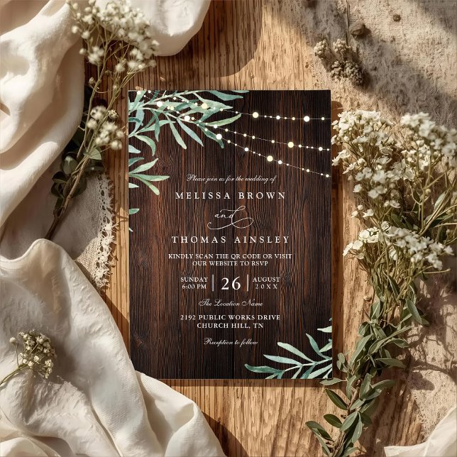 Holz Rustikale Lichterkette Land QR-Code Hochzeit Einladung (Von Creator hochgeladen)
