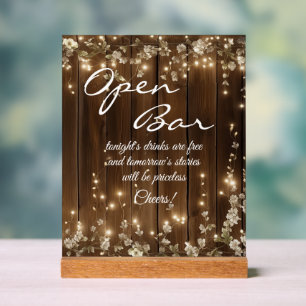 Holz Rustikale, weiße Blumenstränge Lichter Offen Acrylschild