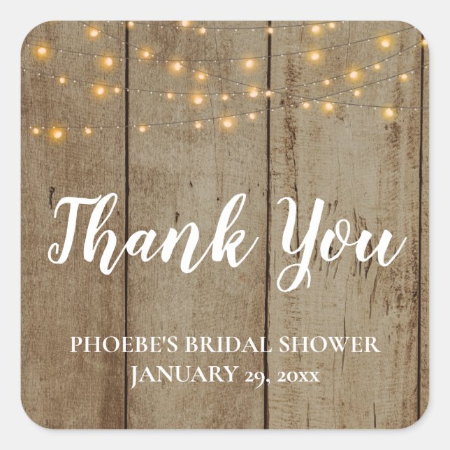 Holz rustikales Theme String Lights Brautparty Quadratischer Aufkleber (Vorderseite)
