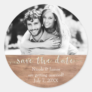 Holz SAVE THE DATE Glam Rustikale Hochzeitsfoto Runder Aufkleber
