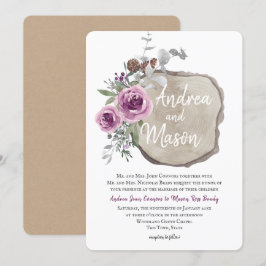 Holz-Slice und Rose Lila und Silber-Hochzeit Einladung